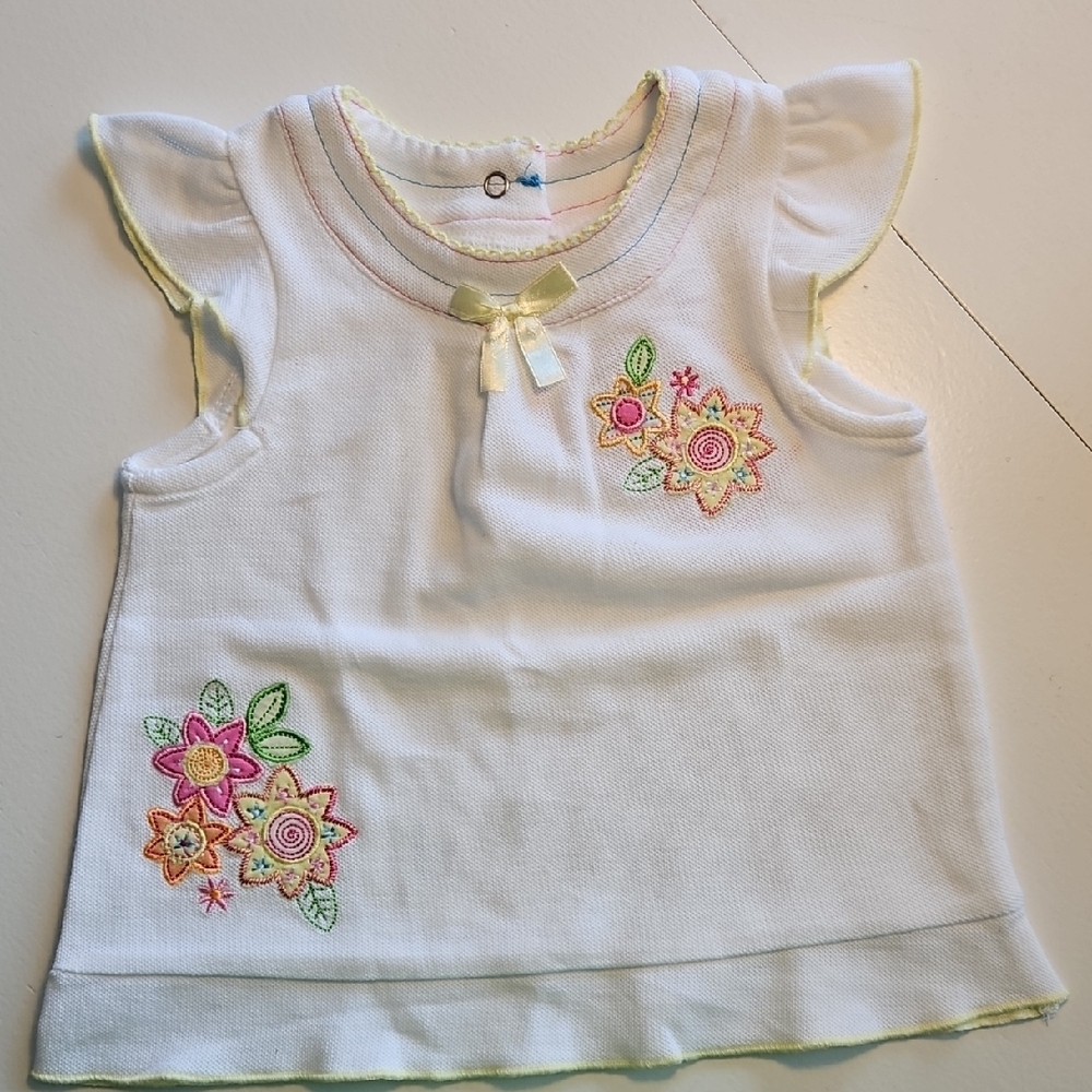 White and Pink Floral Embroidered Blouse with Ruffle Sleeves